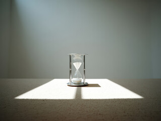Modern hourglass on tabletop lit by window light conveying calm passage of time and quiet reflection