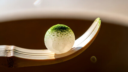 Zen meditation moment of a single sushi grain resting on a bamboo chashaku, matcha powder coating the surface, representing the intersection of food and ceremony 