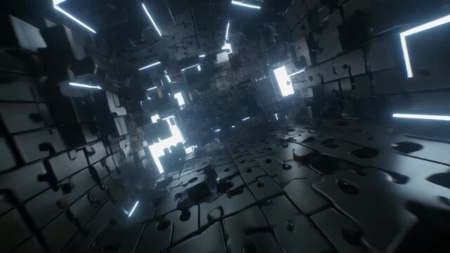  A world built entirely of puzzle pieces and toy blocks, glowing edges, soft ambient light,