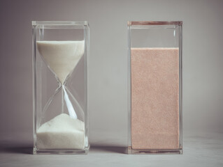 White sand hourglass and pink sand timer side by side evoking contrast between flowing time and suspended stillness