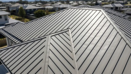 Angled view of gray metal roof atop house, suburban homes in background