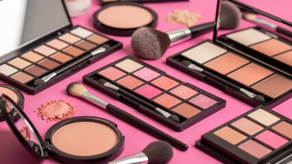 Assorted makeup palettes and brushes spread on a vibrant pink surface