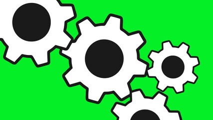 Gear System Animation Moving in Clockwise and Counterclockwise Directions on Green Background