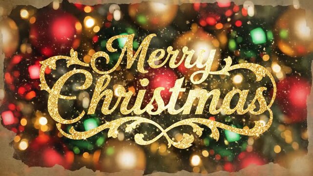 Golden Merry Christmas lettering with glitter effect on a bokeh background with festive ornaments and falling snow for holiday celebrations