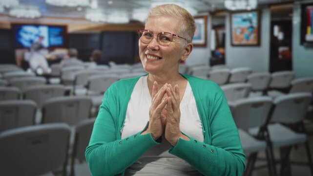 Woman with short hair and glasses clasping hands and smiling while seated in an art gallery building with rows of chairs and a presenter screen; gratitude reflection.