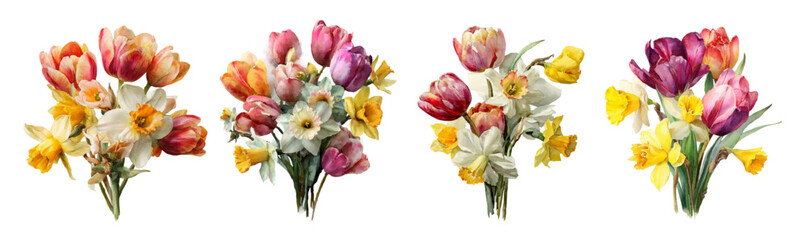 Obraz premium Delicate watercolor flower collection featuring tulips, narcissus and wildflowers. Botanical spring illustration with pastel blooms perfect for vintage invitations.