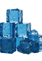 Obraz premium meticulously arranged translucent sapphire blue ice cubes and crystalline crushed ice, captured in a macro view with dramatic rim lighting on a high-key white background. concept for premium beverage