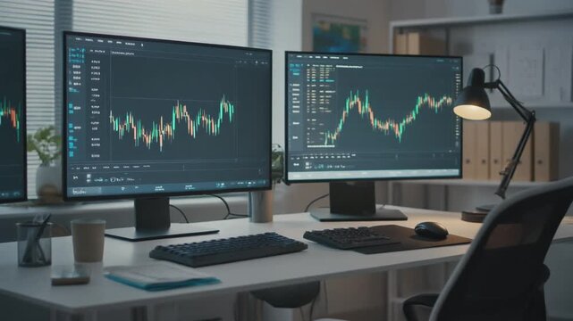 A well-lit business workspace with two computer monitors displaying stock market graphs on a white desk.
