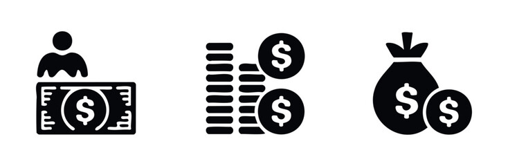 Set of black icons symbolizing finance, money, payment and wealth for business applications and financial services promotion