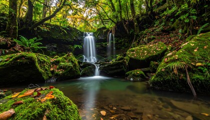 Lush waterfall cascading through mossy rocks in a vibrant, green forest