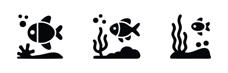 Set of simple black icons featuring underwater sea life with fish, plants, and bubbles for aquatic themes and oceanographic concepts.