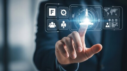 Business person touches interface with rocket icon and floating menus