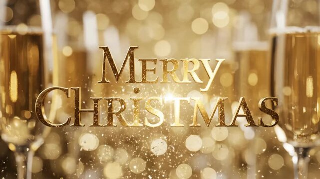 Merry Christmas lettering in golden glitter with champagne glasses and bokeh light for holiday celebration.