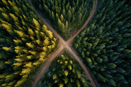 Aerial perspective of a forest with crossing dirt roads creating an "X" pattern