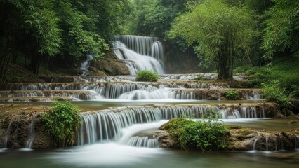 Cascading waterfall tiers, lush vegetation, dreamy long-exposure water movement