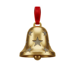3D icon of Santa&rsquo;s sleigh bell with engraved star patterns, metallic texture