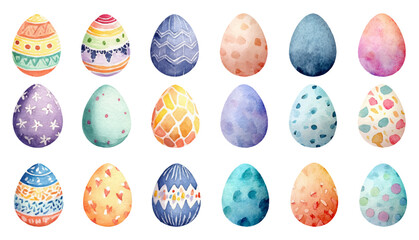 Watercolor Easter Eggs Collection. Elements are hand-drawn in spring for Easter. Set of cute holiday illustrations perfect for greeting cards and holiday designs.