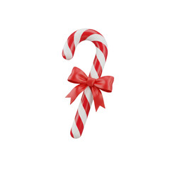 3D icon of a candy cane tied with a red bow, isolated on transparent background