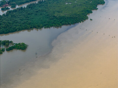 Aerial View of Songkhla Lake Water Turned Turbid Brown by Sediment from Heavy Rain and Flooding
