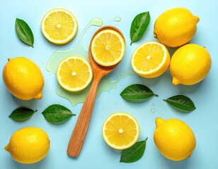 Fototapeta premium Yellow lemons, halves, wooden spoon, green leaves on blue