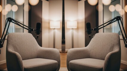 Cosy podcast studio setup with chairs, microphones, lights, and blurred background