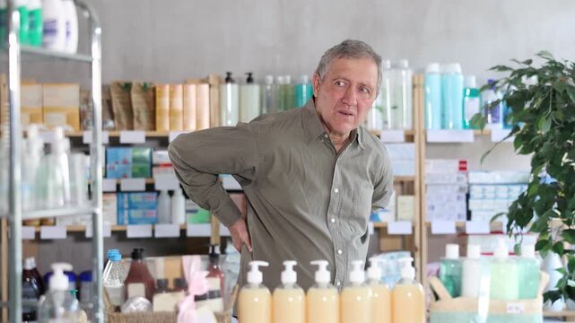 Senior man visits pharmacy and suffers from backache. Customer is looking for affordable remedy to relieve back sciatica symptoms. Pharmacy patient feels sick