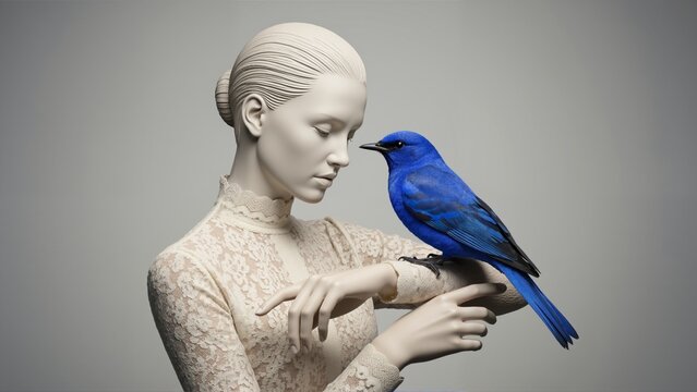 A vibrant blue bird perches on the arm of an elegant, monochrome statue of a woman. Surreal artistic concept of contrast and connection - Powered by Adobe