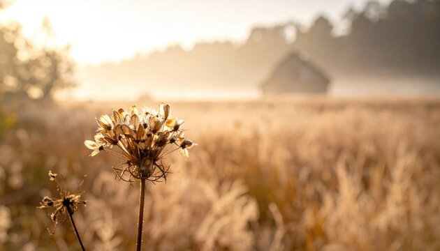 Dried flower in golden field at dawn