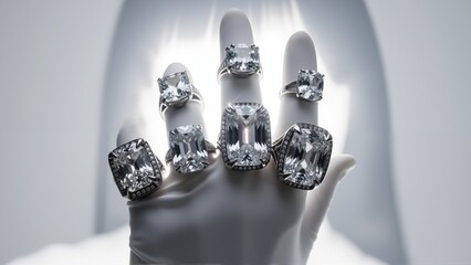 A gloved hand displaying a collection of large luxury diamond rings. Precious gemstone engagement jewelry. Wealth and opulence concept on a bright white background