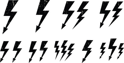 Set of black and white lightning bolt icons, various electric power and energy flash symbols, minimalist thunder shapes collection for electricity, weather, or technology design elements.