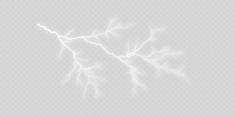 Realistic white lightning strike isolated on white background