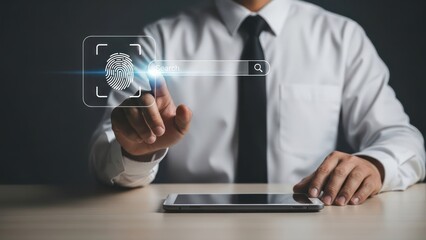Fingerprint search Man touches digital scan over tablet on desk