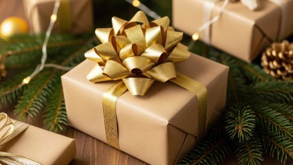 Festive wrapped gifts, gold bow, fir branches, and lights on a wood surface