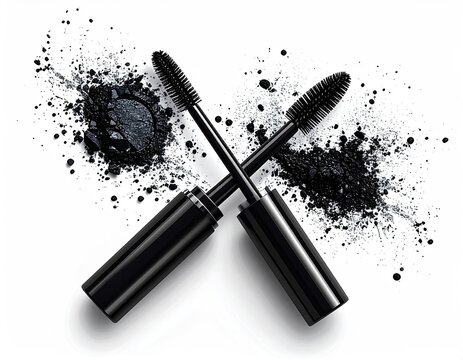 Crossed black mascaras with surrounding powdered pigment