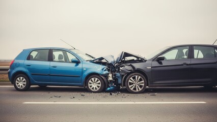 Frontal car crash with crumpled hoods, two vehicles involved, grey sky background