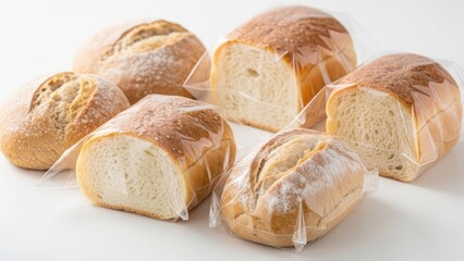 Fresh loaves and rolls in clear plastic wrap on a white surface, still life