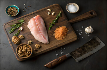 Culinary Palette: A meticulously arranged scene featuring a fresh fish fillet on a wooden cutting board, surrounded by a culinary array of seasonings, herbs, and a cleaver.