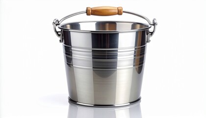 A shiny metallic bucket with horizontal ridges and a wooden-handled metal grip sits on a white background, showcasing utility, craftsmanship, and household simplicity in a clean, product-style composi