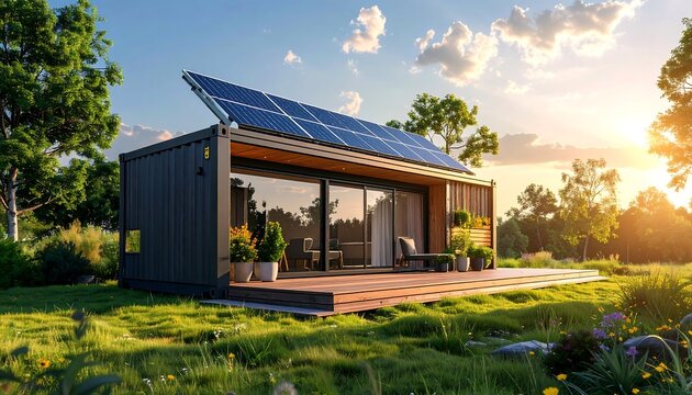 Modern container home, solar panels, green lawn, bathed in golden sunlight on a partly cloudy day