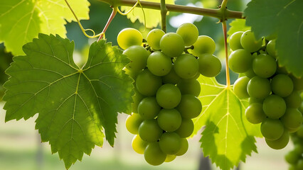 Sunlit green grapes ripening on the vine in summer