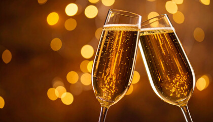 Dos copas de champán en brindis con fondo cálido y luces bokeh doradas para plantilla y publicidad de celebración, lujo festivo y escena navideña de fin de año con espacio para texto
