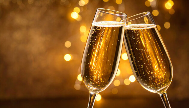 Dos copas de champ&aacute;n en brindis con fondo c&aacute;lido y luces bokeh doradas para plantilla y publicidad de celebraci&oacute;n, lujo festivo y escena navide&ntilde;a de fin de a&ntilde;o con espacio para texto
