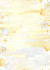 金銀の梅の花と日本のいろいろな伝統模様を組み合わせた華やかな背景イラスト