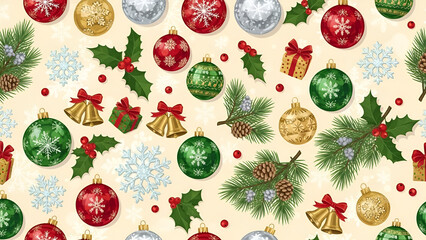 Festive christmas seamless pattern with ornaments, presents, bells and evergreen foliage