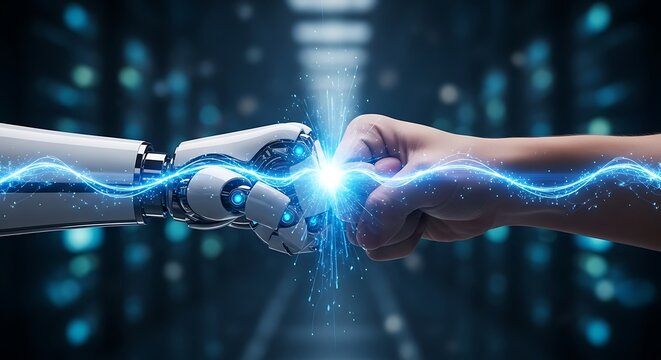 Futuristic concept of human and robot fist bump with glowing blue energy connecting them, symbolizing technology and partnership in a digital world