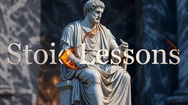 Ancient Roman statue with fiery text " Stoic Lessons