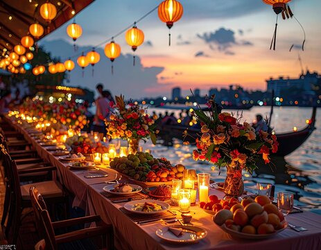 Riverfront dinner lit lanterns & candles, sunset hues