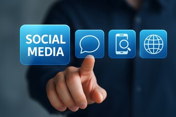 Social media network community concept. online marketing technology. Businessman touching to social media icons on virtual screen.