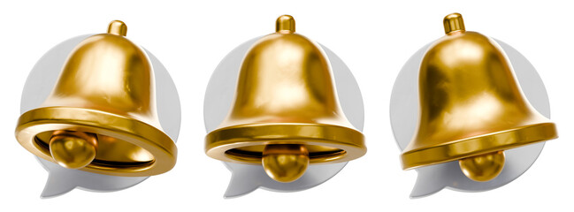 Chat bubble notification bells 3D illustration, transparent background golden reminder alert icons set
