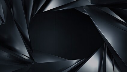 Abstract, dark-themed design of interconnected triangular shapes framing a central black void